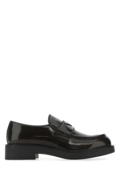 Prada Glossy Brown Loafers With Chunky Solestrap In Black