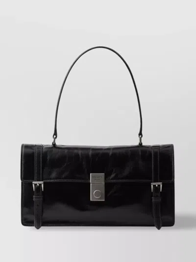 PRADA GLOSSY LEATHER WORK HANDBAG WITH BUCKLE DETAIL