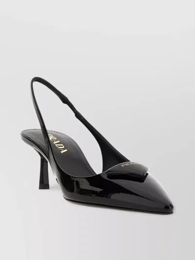 Prada Logo Patent Leather Slingback Pumps In Black