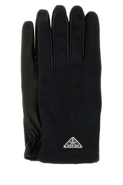 Prada Nylon And Nappa Leather Gloves In Black