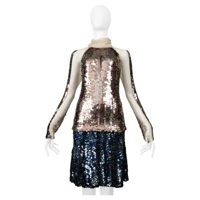 Pre-owned Prada Gold & Navy Metallic Round Paillette Skirt Ensemble 2002 In Blue