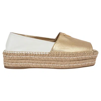 Pre-owned Prada Gold & White Leather 2019 Peep Toe Espadrilles Flats Shoes 39.5