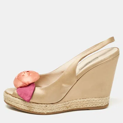 Pre-owned Prada Gold Beige Satin Embellished Slingback Wedge Sandals Size 37