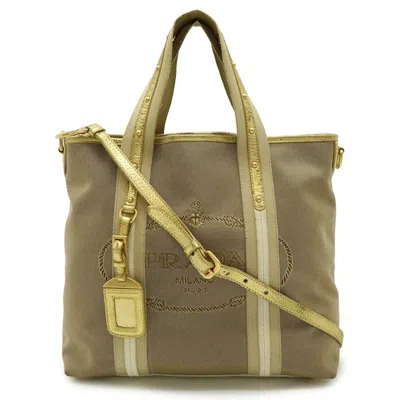 Pre-owned Prada Gold Canvas Leather Shoulder Bag Tote Bag () In Multi