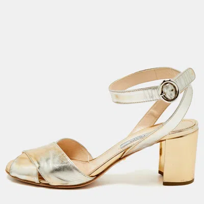 Pre-owned Prada Gold Leather Ankle Strap Block Heel Sandals Size 38