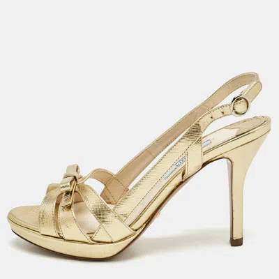 Pre-owned Prada Gold Leather Bow Strappy Slingback Sandals Size 35