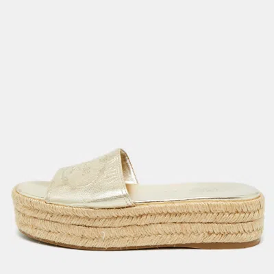 Pre-owned Prada Gold Leather Espadrille Platform Sandals Size 36