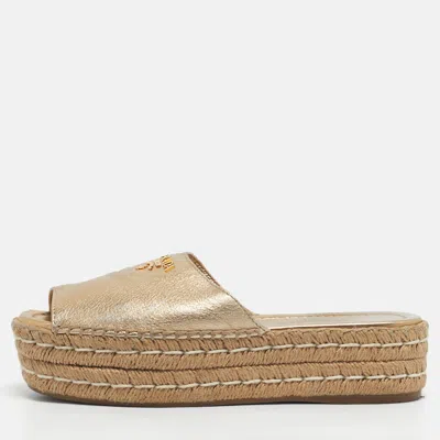 Pre-owned Prada Gold Leather Espadrille Platform Slide Sandals Size 37