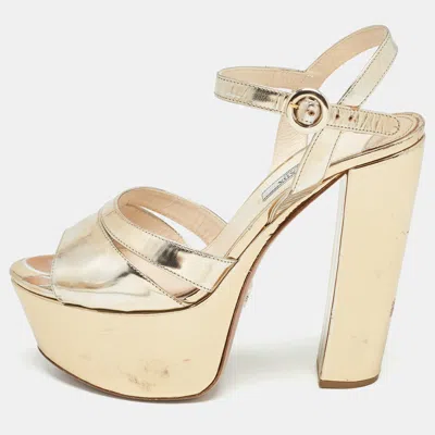 Pre-owned Prada Gold Leather Platform Ankle Strap Sandals Size 39