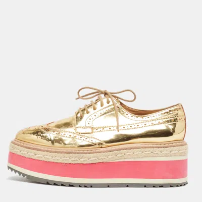 Pre-owned Prada Gold Leather Platform Derby Sneakers Size 35