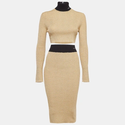 Pre-owned Prada Gold Logo Intarsia Lamé Knit Crop Top And Skirt Set M