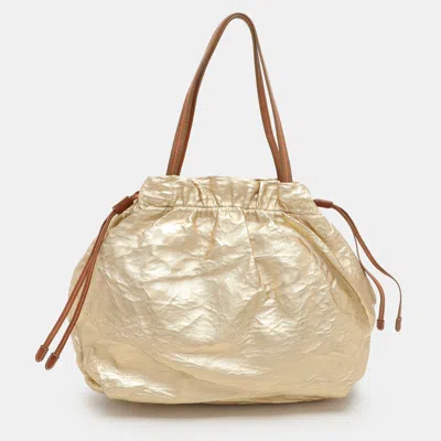 Pre-owned Prada Gold Metalic Leather Drawstring Tote
