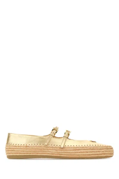 PRADA GOLD RAFFIA AND LEATHER ESPADRILLES