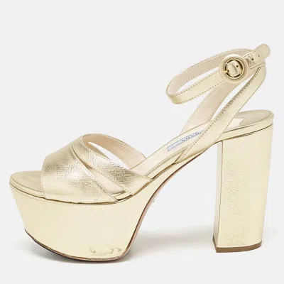 Pre-owned Prada Gold Saffiano Leather Ankle Strap Block Heel Platform Sandals Size 36