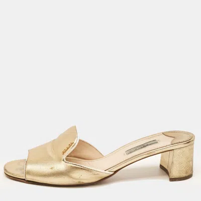 Pre-owned Prada Gold Saffiano Leather Slide Sandals Size 40.5