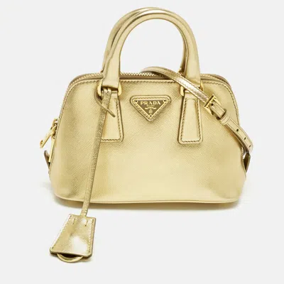 Pre-owned Prada Gold Saffiano Lux Leather Mini Promenade Satchel