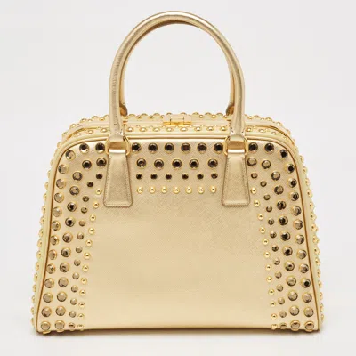 Pre-owned Prada Gold Saffiano Lux Leather Studded Pyramid Frame Satchel