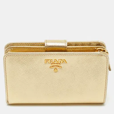 Pre-owned Prada Gold Saffiano Metal Leather French Wallet