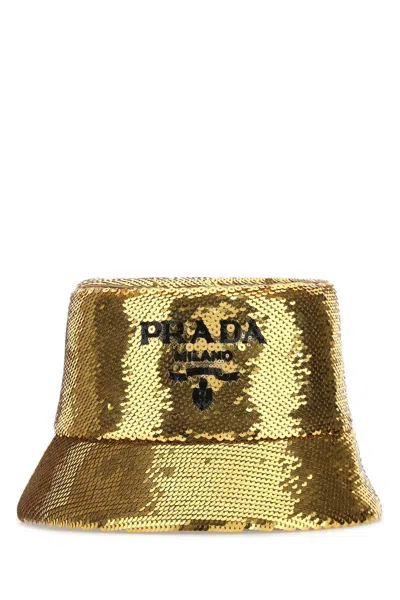 Prada Gold Sequins Bucket Hat In Brown