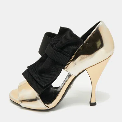 Pre-owned Prada Gold/black Leather And Grosgrain Bow Ankle Strap Sandals Size 36.5