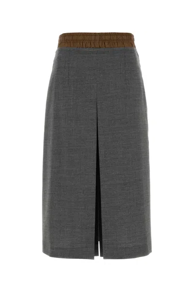 Prada Wool Skirt Mid Rise Waist Front Slit In Gray
