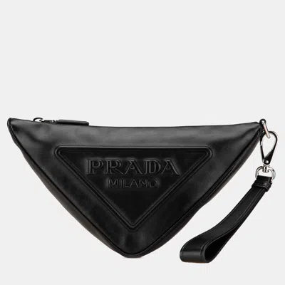 Pre-owned Prada Grace Lux Black Embossed Leather Triangle Wristlet Pouch