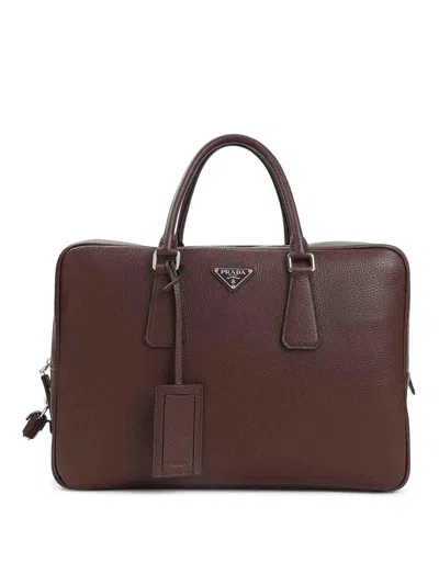 Prada Grained Leather Tote Bag In Brown