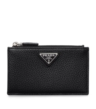 Prada Grained Leather Triangle Card Holder In Black