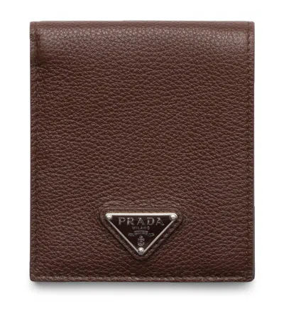 Prada Grained Leather Triangle Wallet In Brown