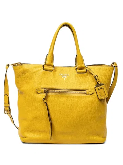 Pre-owned Prada Grained-leather Tote Bag In Yellow
