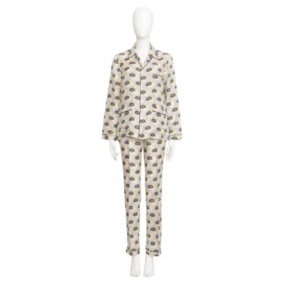 Pre-owned Prada Graphic Eyes Printed Pyjama Style Shirt Trousers Set In Silk In Sand