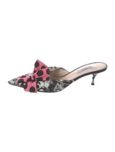 Pre-owned Prada Graphic Print Bow Accents Mules In Black