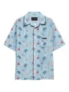 Prada Satin Shirt With Printed Design And Pocket In Blue