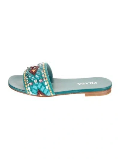 Pre-owned Prada Graphic Print Crystal Embellishments Slides In Green