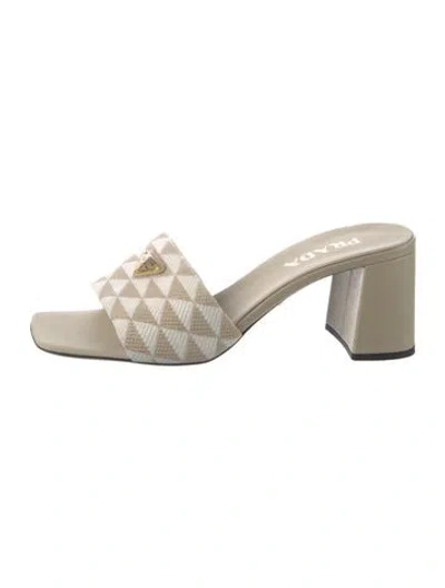 Pre-owned Prada Graphic Print Leather Trim Embellishment Slides In Neutrals