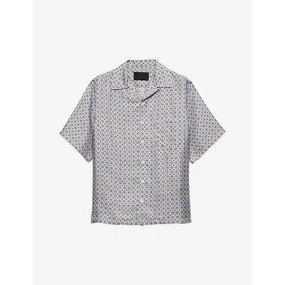 Prada Mens Light Blue Graphic-print Short-sleeve Silk Shirt