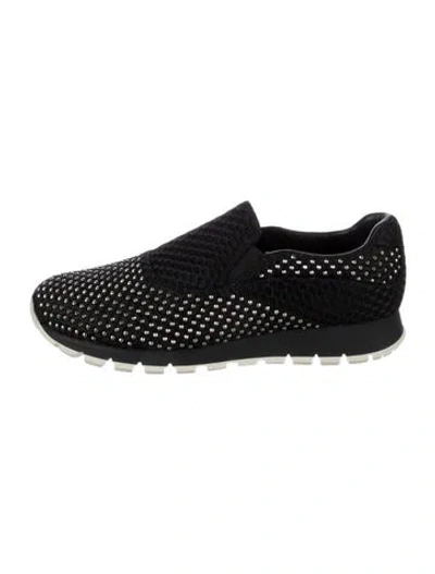Pre-owned Prada Graphic Print Studded Accents Sneakers W/ Tags In Black