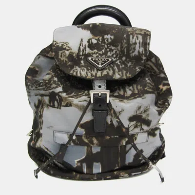 Pre-owned Prada Gray Khaki Brown Nylon Landscape Painting Backpack