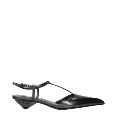 Prada Gray Leather Flat Sandals In Black