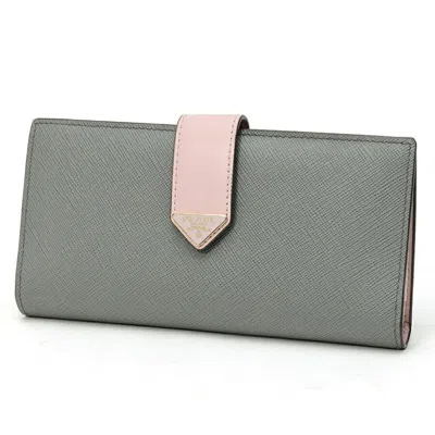 Pre-owned Prada Gray Pink Saffiano Triangle Leather Long Wallet (bi-fold) () In Gray, Pink