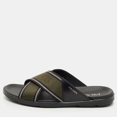 Pre-owned Prada Green /black Leather And Canvas Logo Tape Crisscross Slide Sandals Size 42