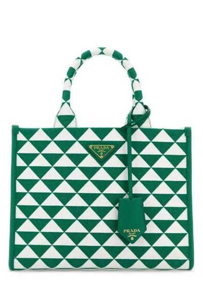 PRADA GREEN EMBROIDERED FABRIC SMALL SYMBOLE SHOPPING BAG