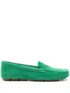 PRADA GREEN ENAMEL TRIANGLE-LOGO SUEDE LOAFERS