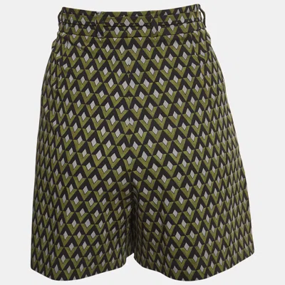 Pre-owned Prada Green Geometric Print Virgin Wool Belted Shorts M