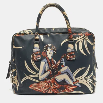 Pre-owned Prada Green Hawaiin Print Saffiano Leather Briefcase