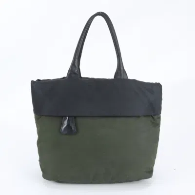 Pre-owned Prada Green Khaki Leather Nylon Shoulder Bag Tote Bag () In Green, Khaki