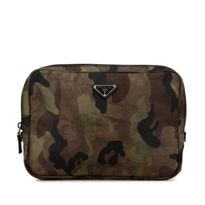 Pre-owned Prada Green Khaki Nylon Leather Clutch Bag ()
