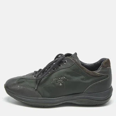Pre-owned Prada Green Leather And Nylon Lace Up Sneakers Size 38.5