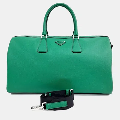 Pre-owned Prada Green Leather Saffiano Travel Bag