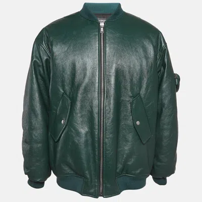 Pre-owned Prada Green Metal Triangle Leather Bomber Jacket Xs